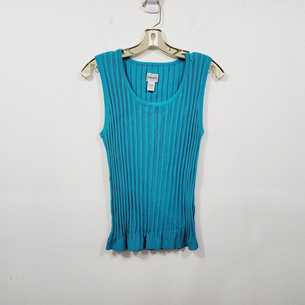 CHICO'S Sleeveless Ribbed Peplum Stretch Knit Tank Top in Turquoise Color XL 3